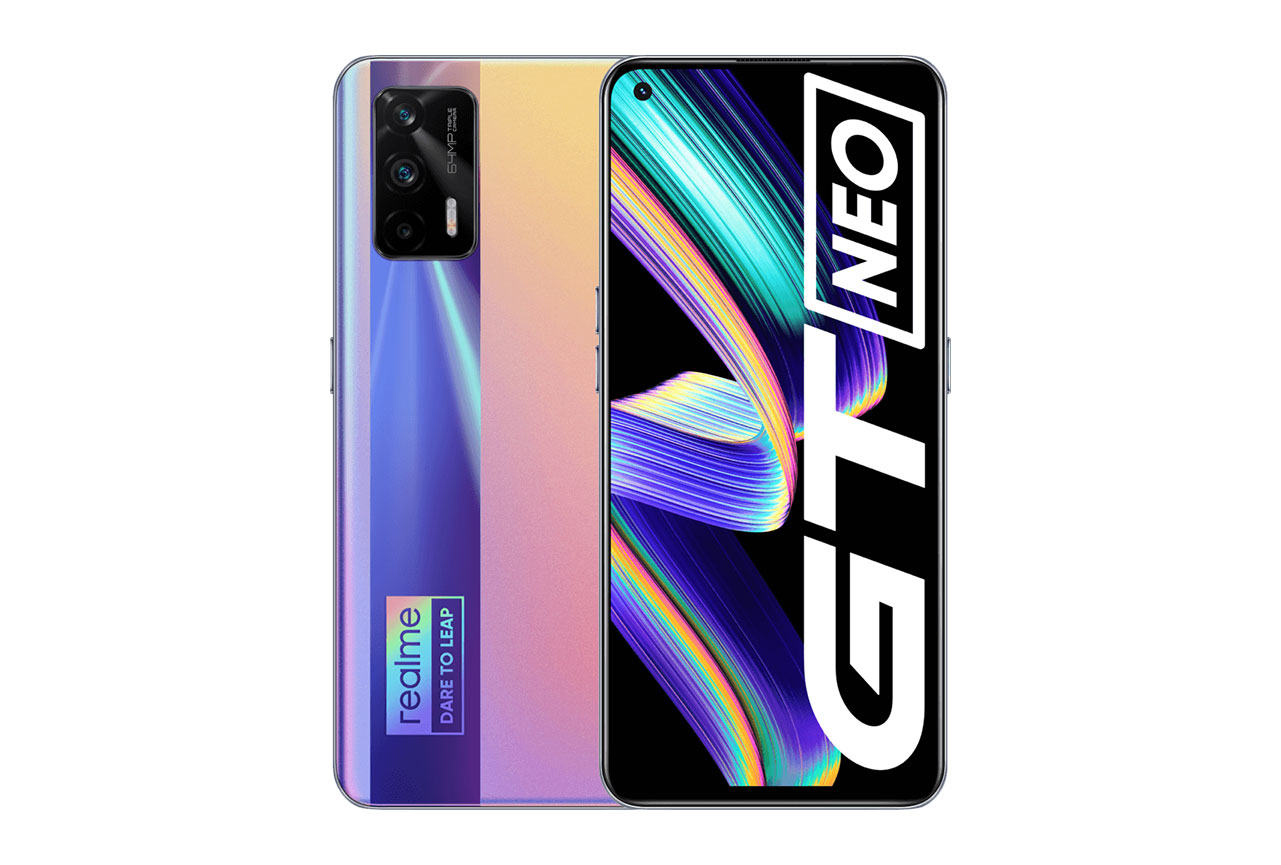  The image shows the front and back of a Realme GT Neo smartphone, which has a triple camera system on the back and a gradient purple and blue color scheme.